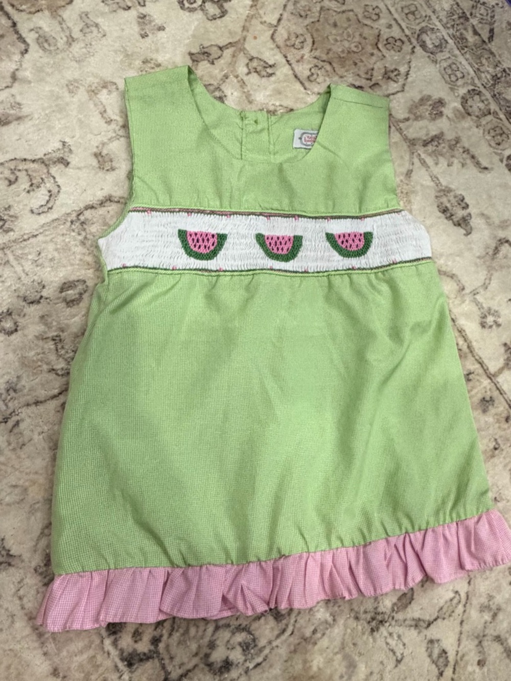 Green Smocked Watermelon A-Line Kids Dress with Pink Ruffle